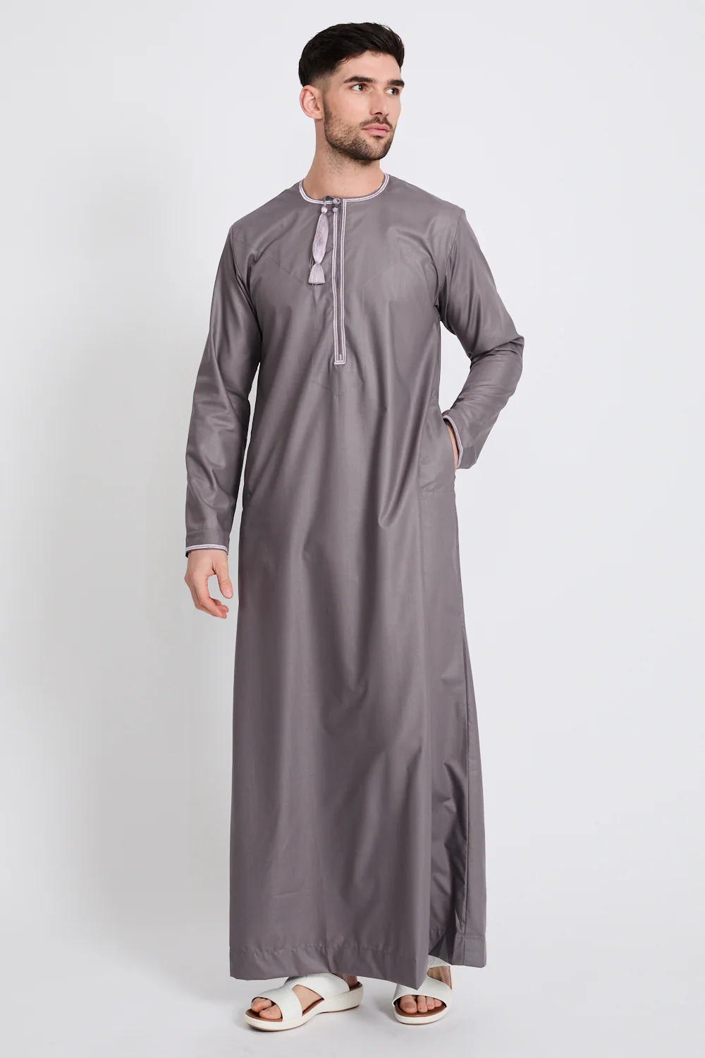 Premium Omani Thobe - Mauve Grey with Lilac Embroidery