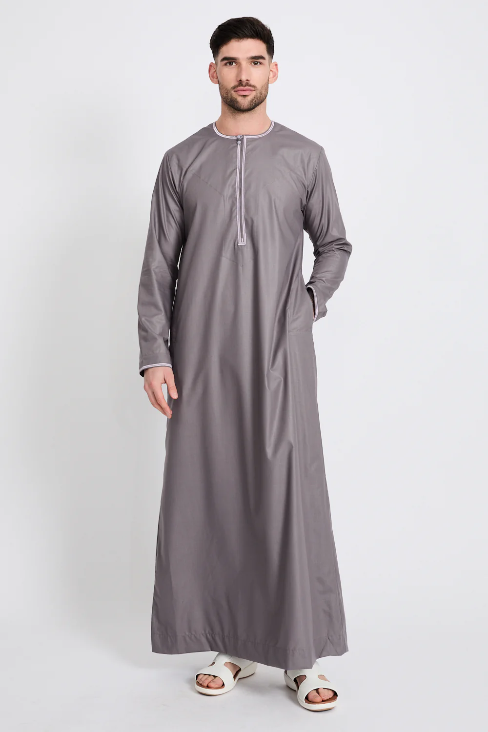 Premium Omani Thobe - Mauve Grey with Lilac Embroidery - Image 5