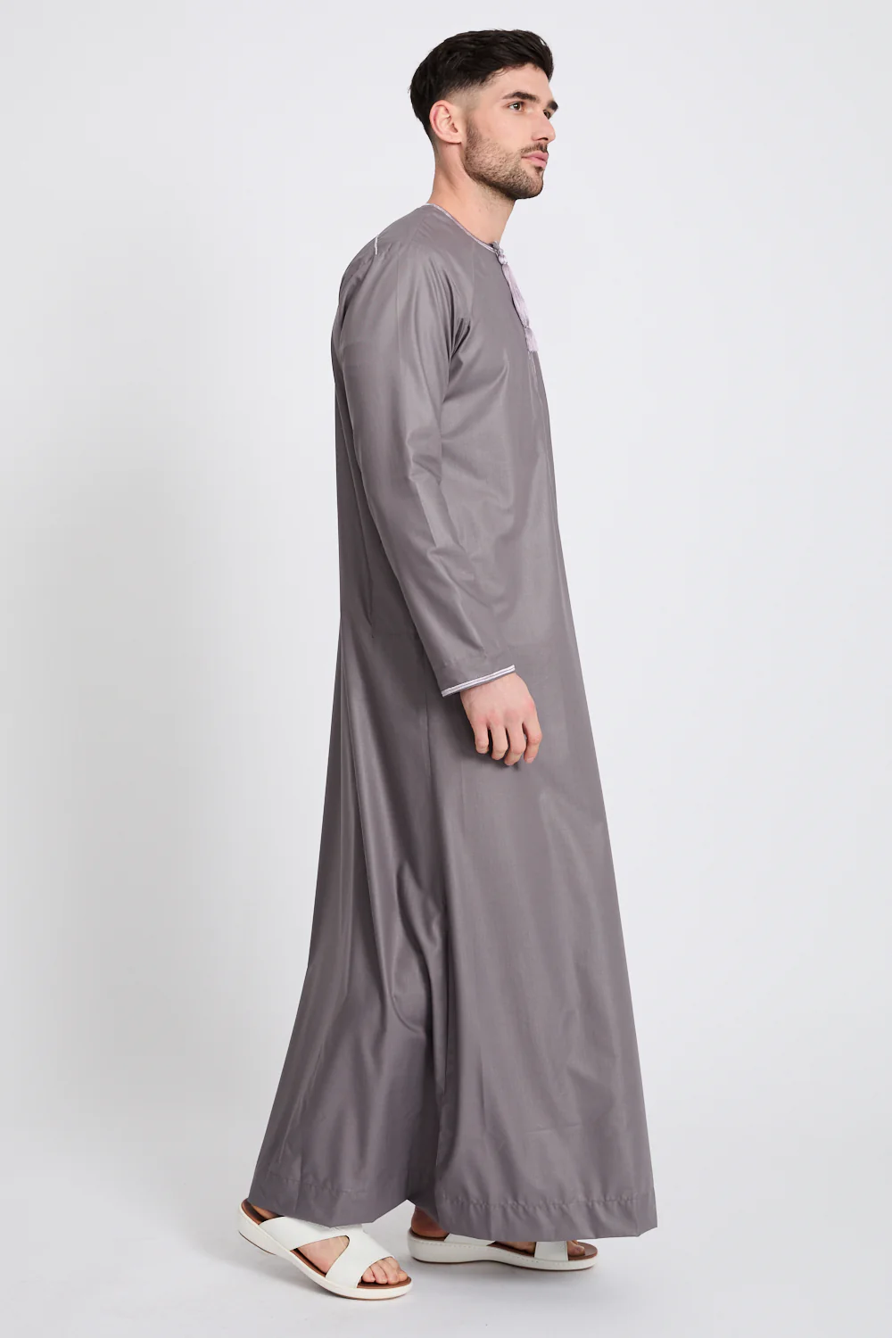 Premium Omani Thobe - Mauve Grey with Lilac Embroidery - Image 6