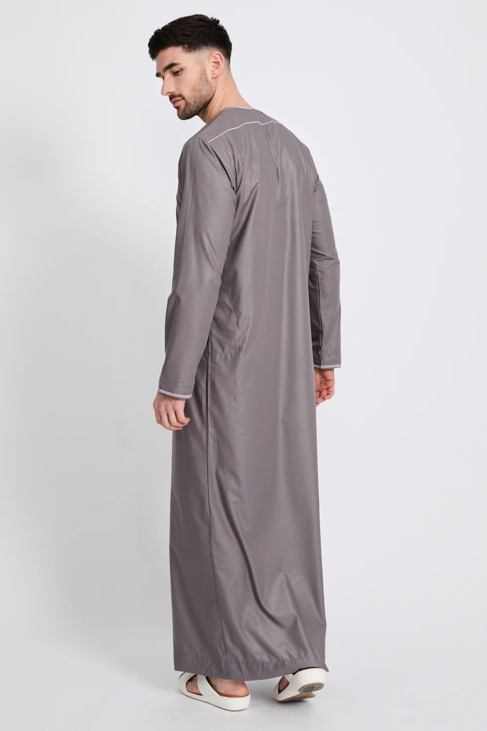 Premium Omani Thobe - Mauve Grey with Lilac Embroidery - Image 8