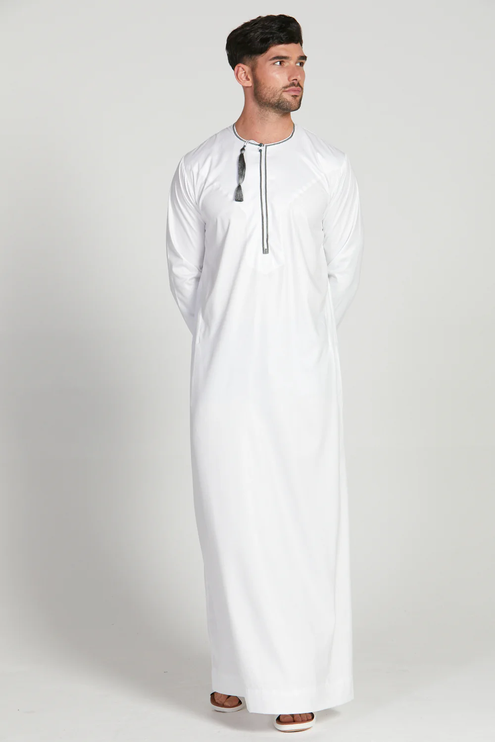 Omani Thobe - White with Olive Grey Embroidery - Image 3