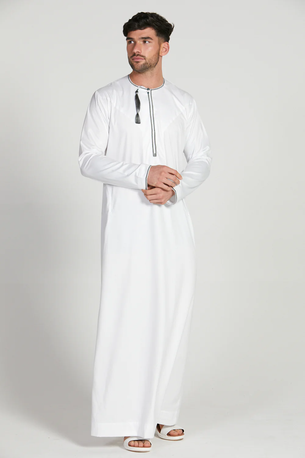 Omani Thobe - White with Olive Grey Embroidery - Image 4