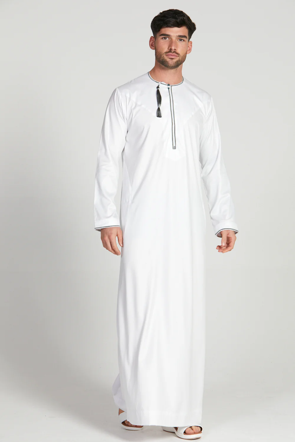 Omani Thobe - White with Olive Grey Embroidery - Image 5