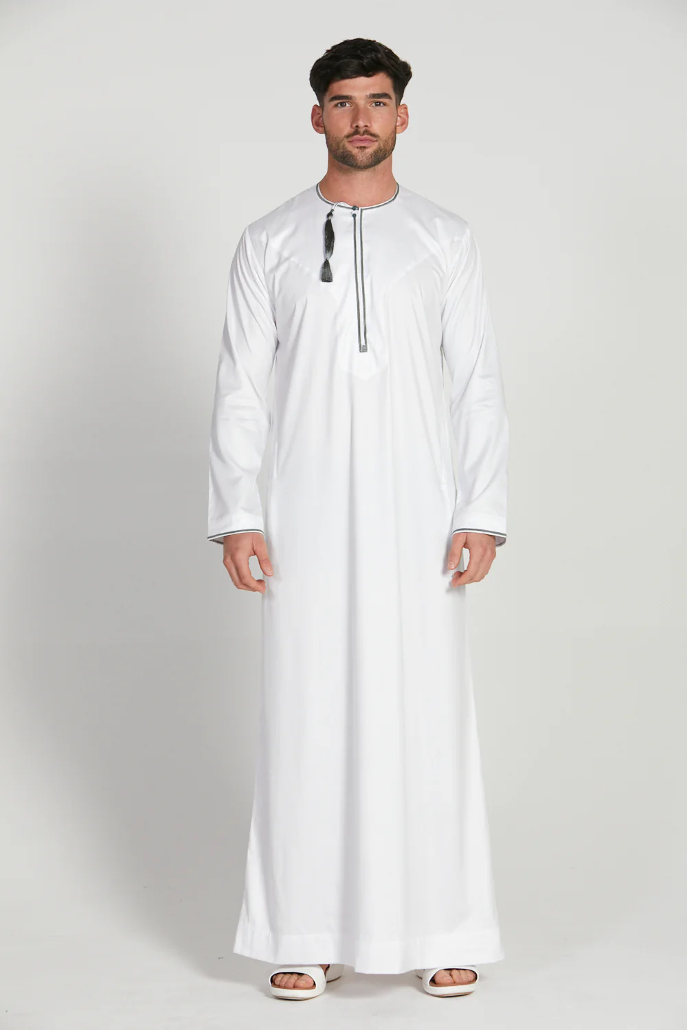 Omani Thobe - White with Olive Grey Embroidery - Image 6