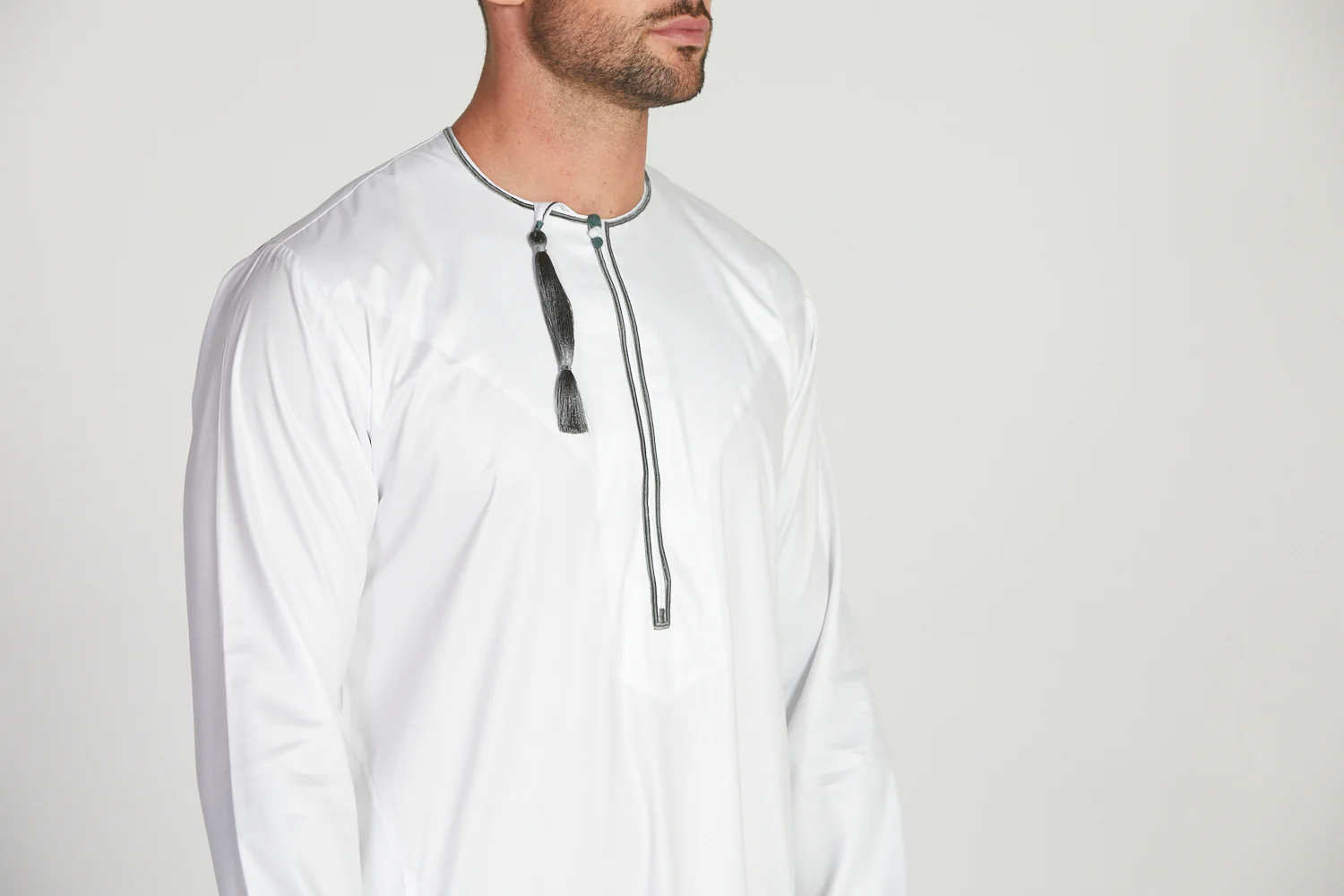 Omani Thobe - White with Olive Grey Embroidery - Image 8