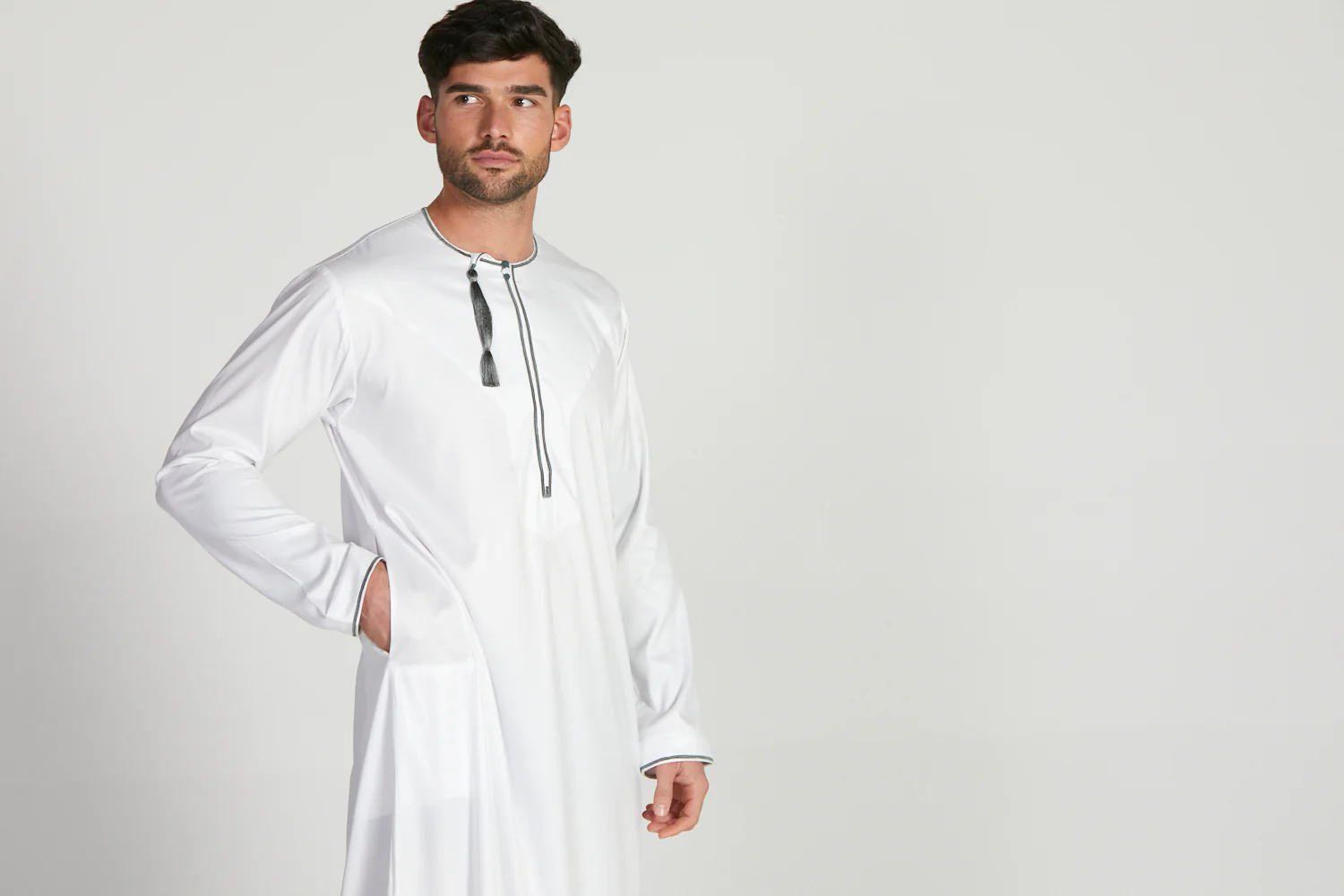 Omani Thobe - White with Olive Grey Embroidery - Image 9