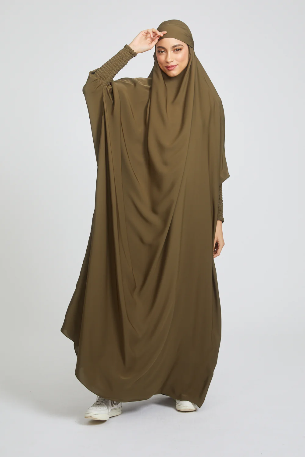 Premium One Piece Full Length Jilbab/ Prayer Abaya - Dark Olive Green - Image 2