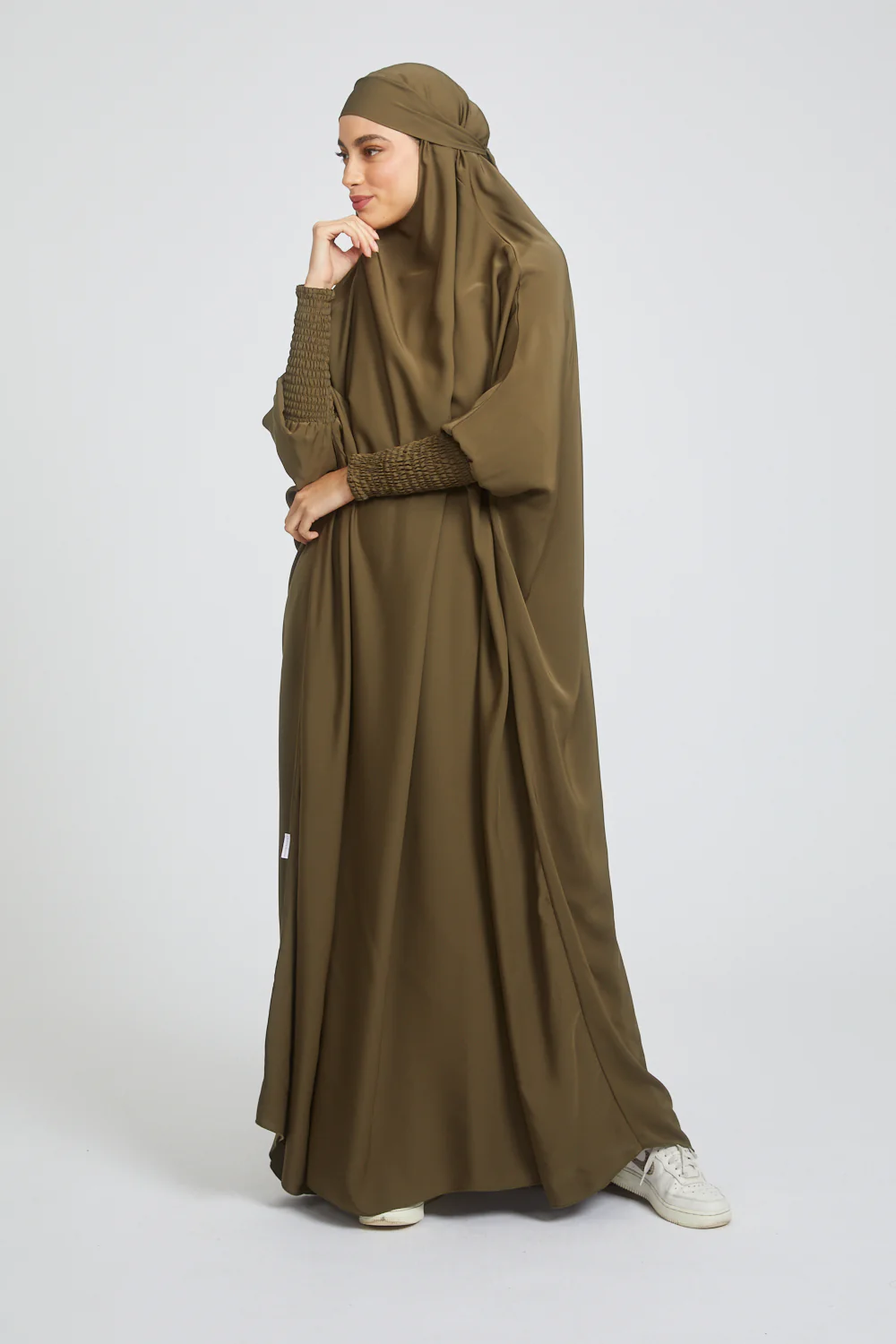 Premium One Piece Full Length Jilbab/ Prayer Abaya - Dark Olive Green - Image 3