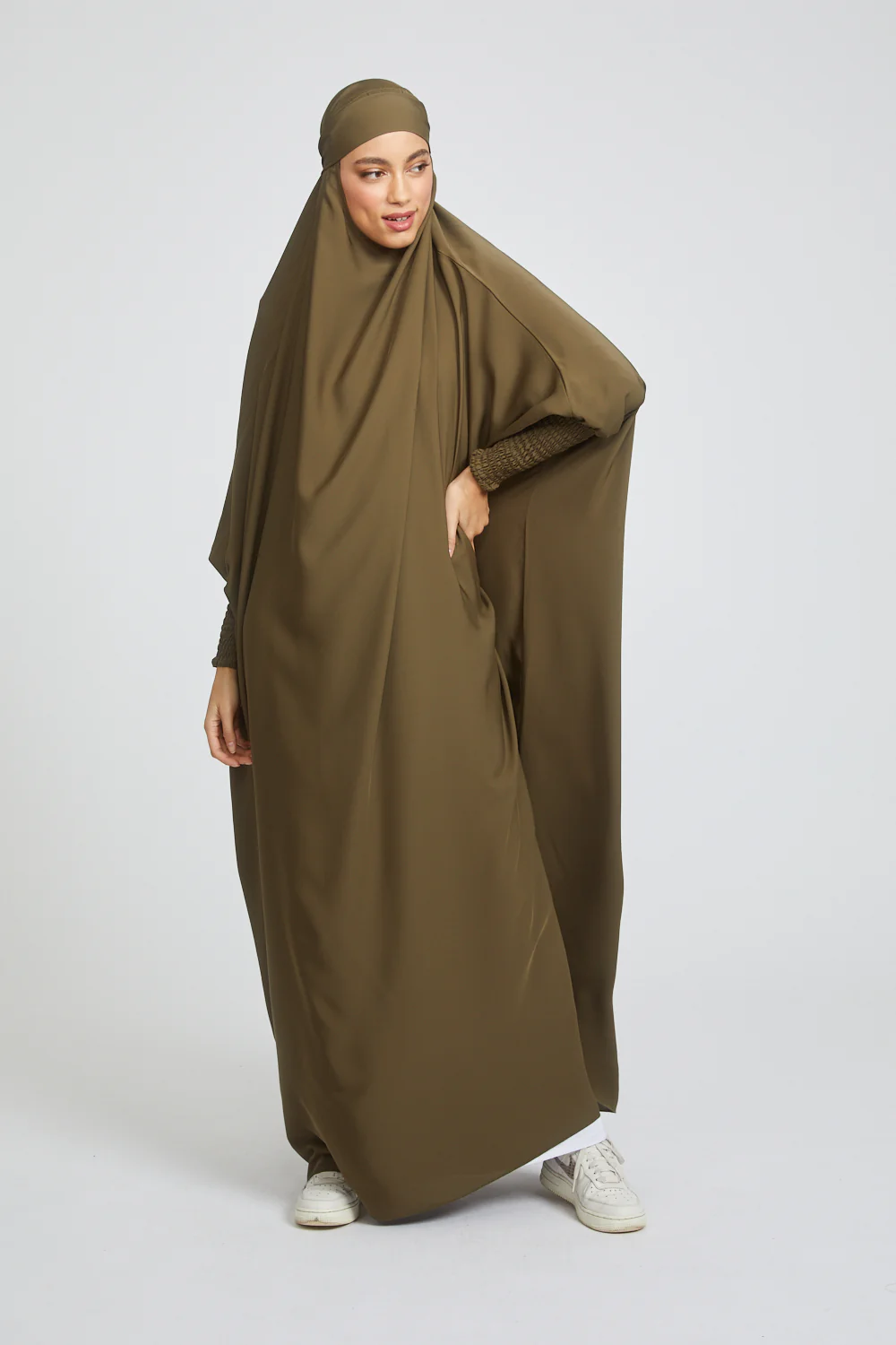 Premium One Piece Full Length Jilbab/ Prayer Abaya - Dark Olive Green - Image 4