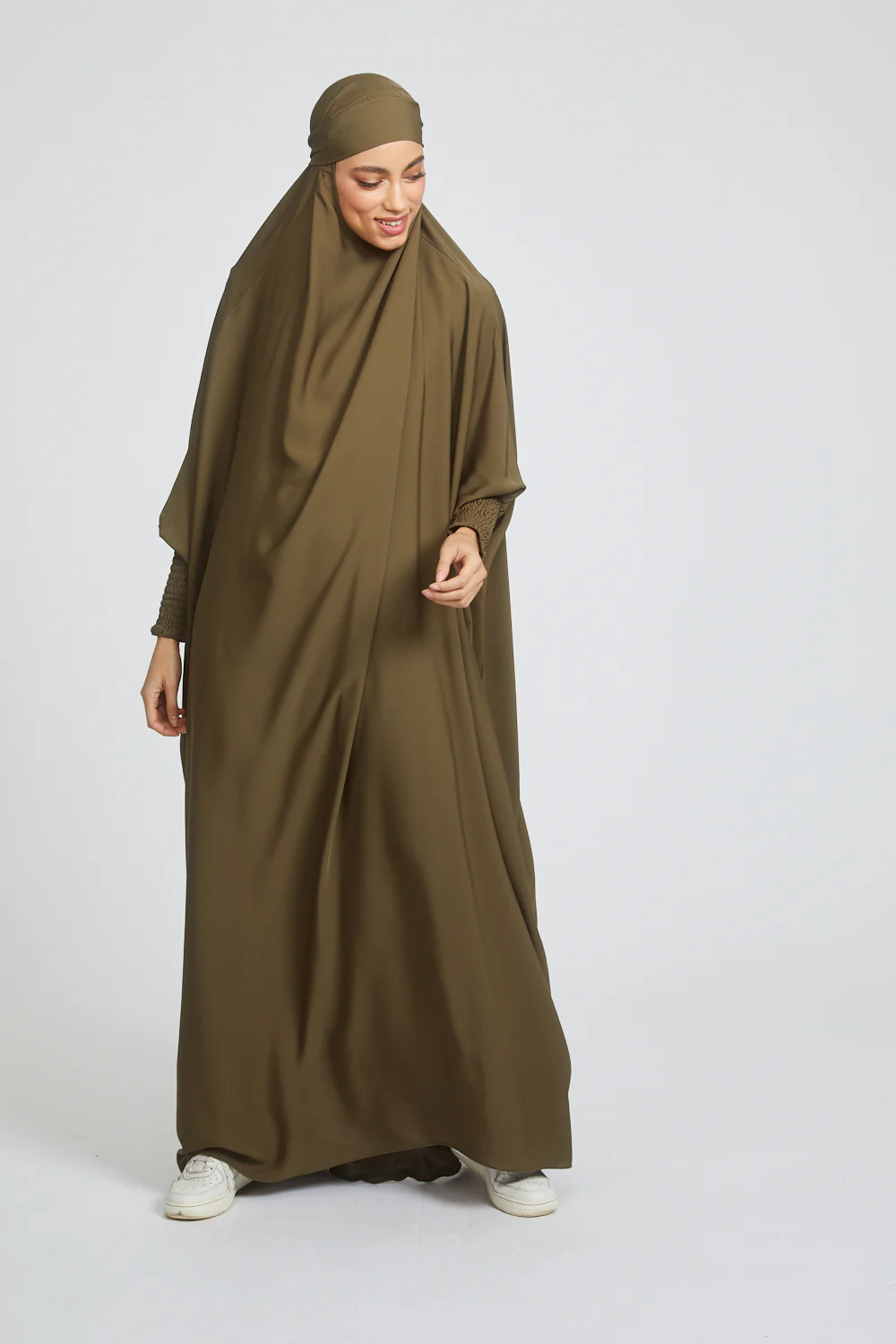Premium One Piece Full Length Jilbab/ Prayer Abaya - Dark Olive Green - Image 5