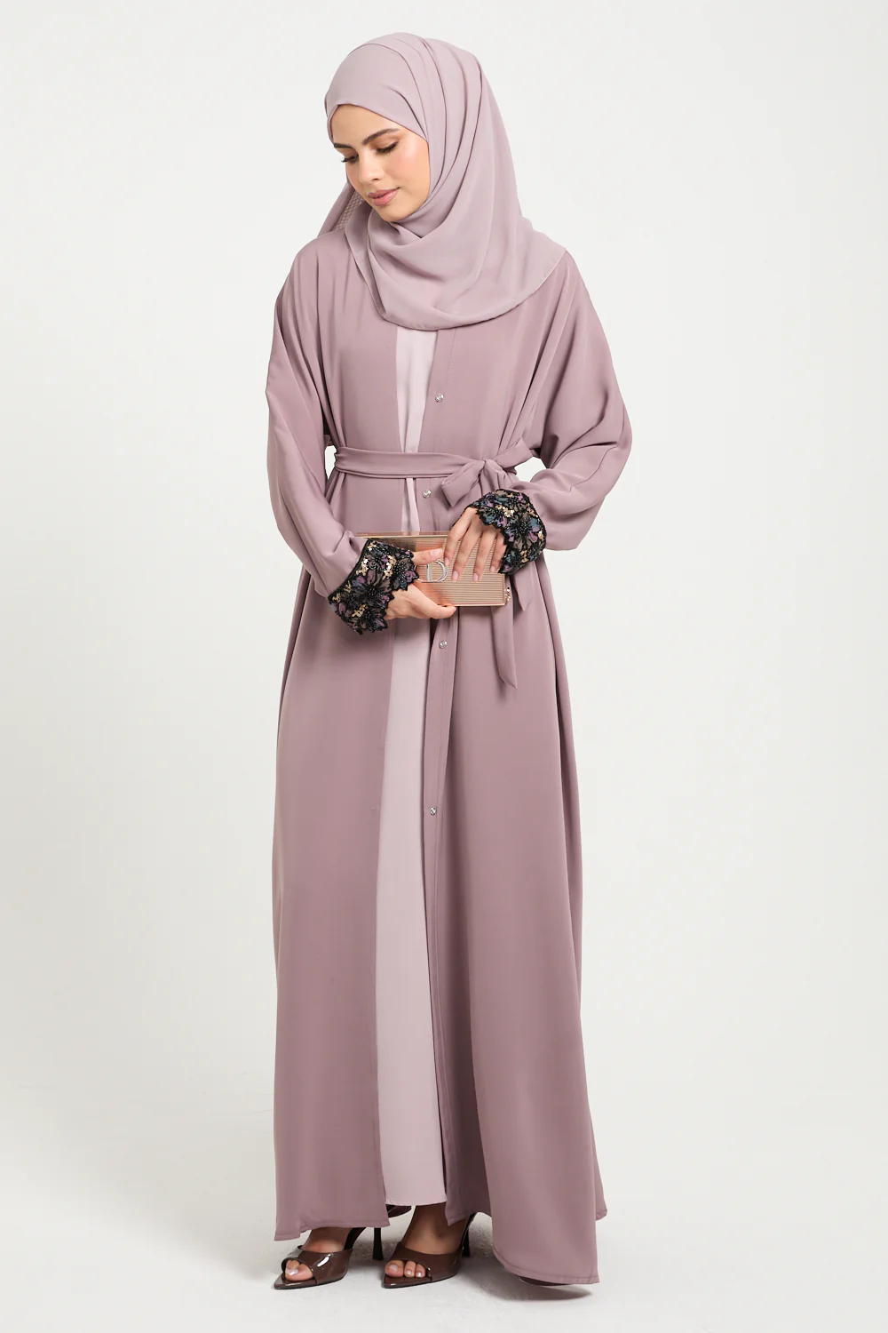 Premium Open Abaya with Luxe Blossom Cuffs – Twilight Rose - Image 10