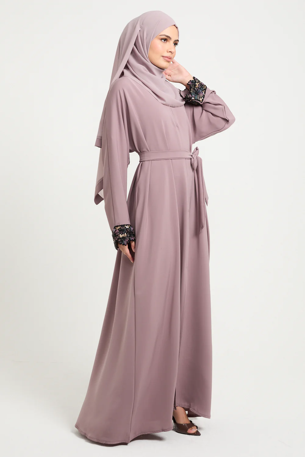 Premium Open Abaya with Luxe Blossom Cuffs – Twilight Rose - Image 11