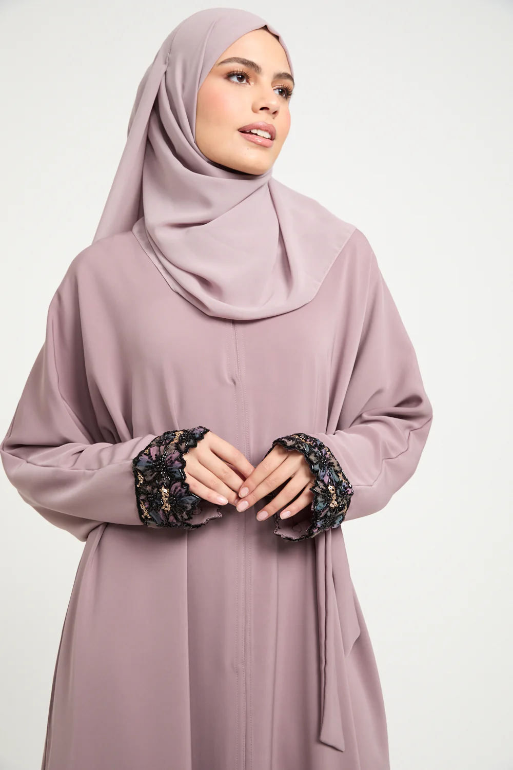 Premium Open Abaya with Luxe Blossom Cuffs – Twilight Rose - Image 2