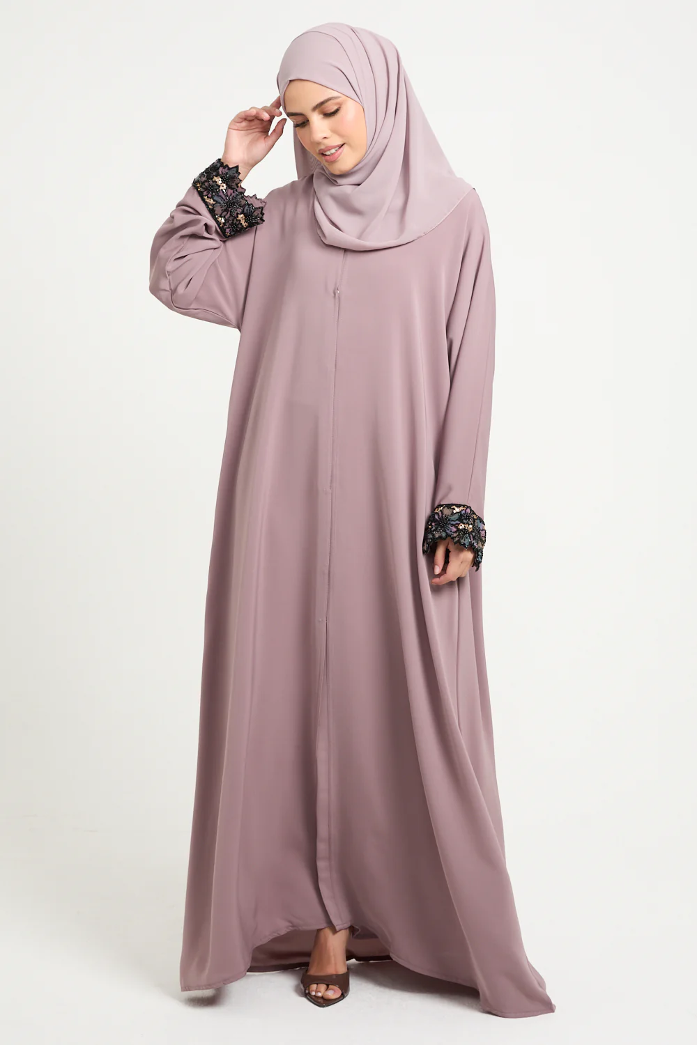 Premium Open Abaya with Luxe Blossom Cuffs – Twilight Rose - Image 3