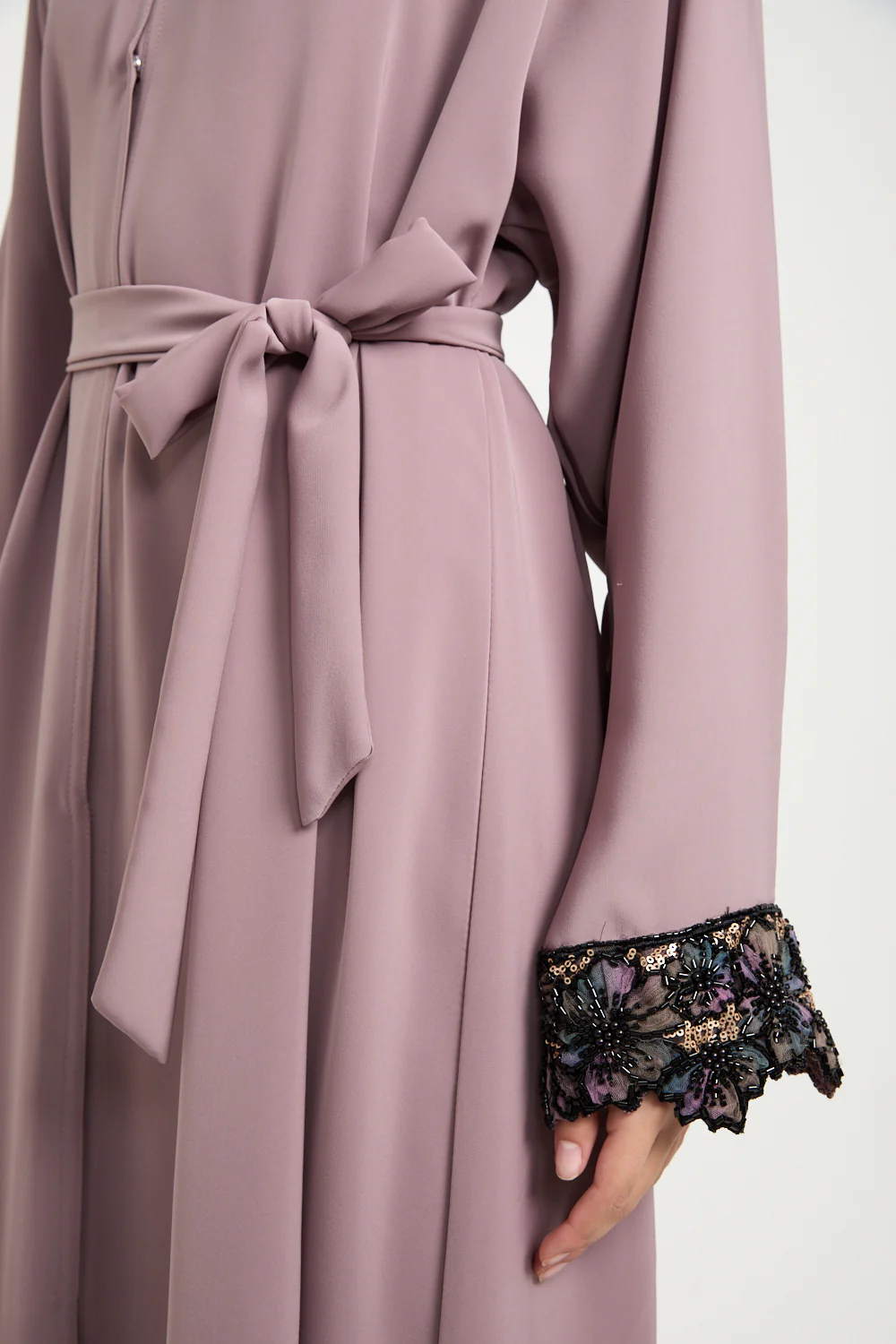 Premium Open Abaya with Luxe Blossom Cuffs – Twilight Rose - Image 4
