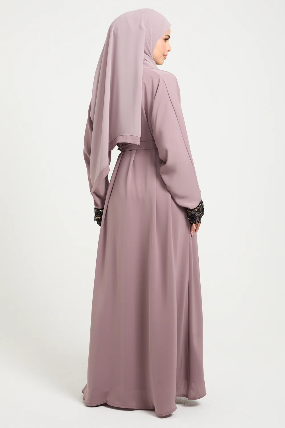 Premium Open Abaya with Luxe Blossom Cuffs – Twilight Rose - Image 7