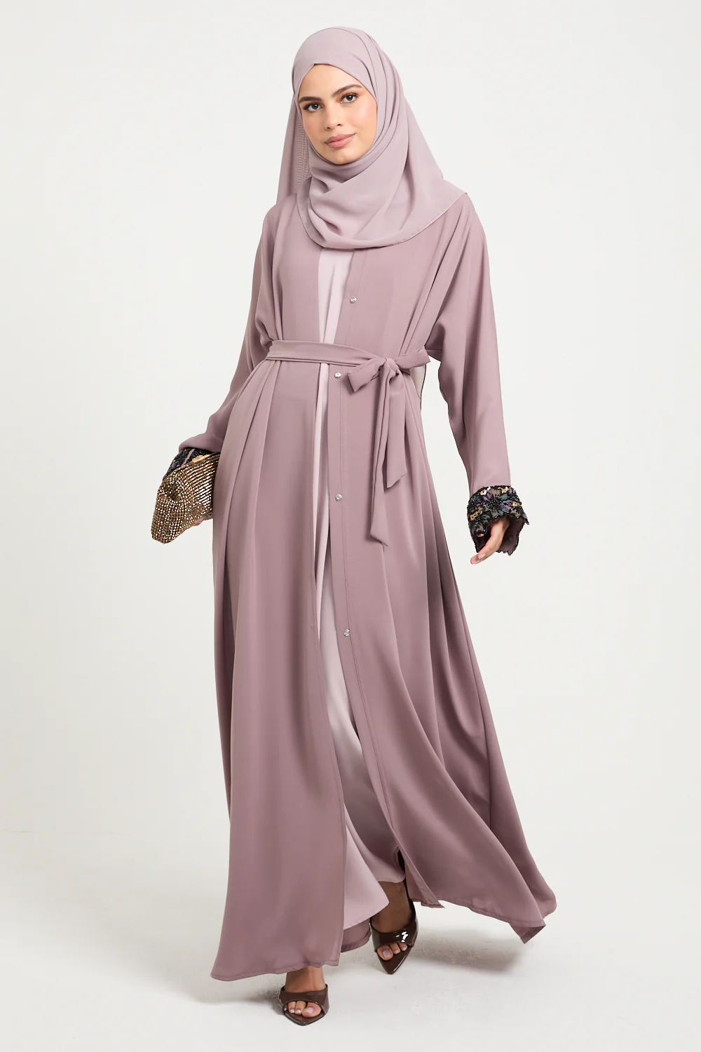Premium Open Abaya with Luxe Blossom Cuffs – Twilight Rose - Image 8
