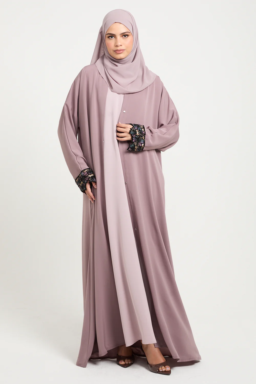 Premium Open Abaya with Luxe Blossom Cuffs – Twilight Rose - Image 9
