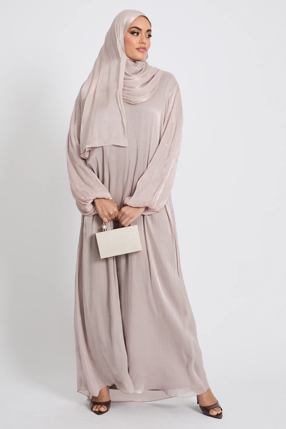 Premium Organza Frost Dainty Embellished Closed Abaya - Rose Dust - Image 3