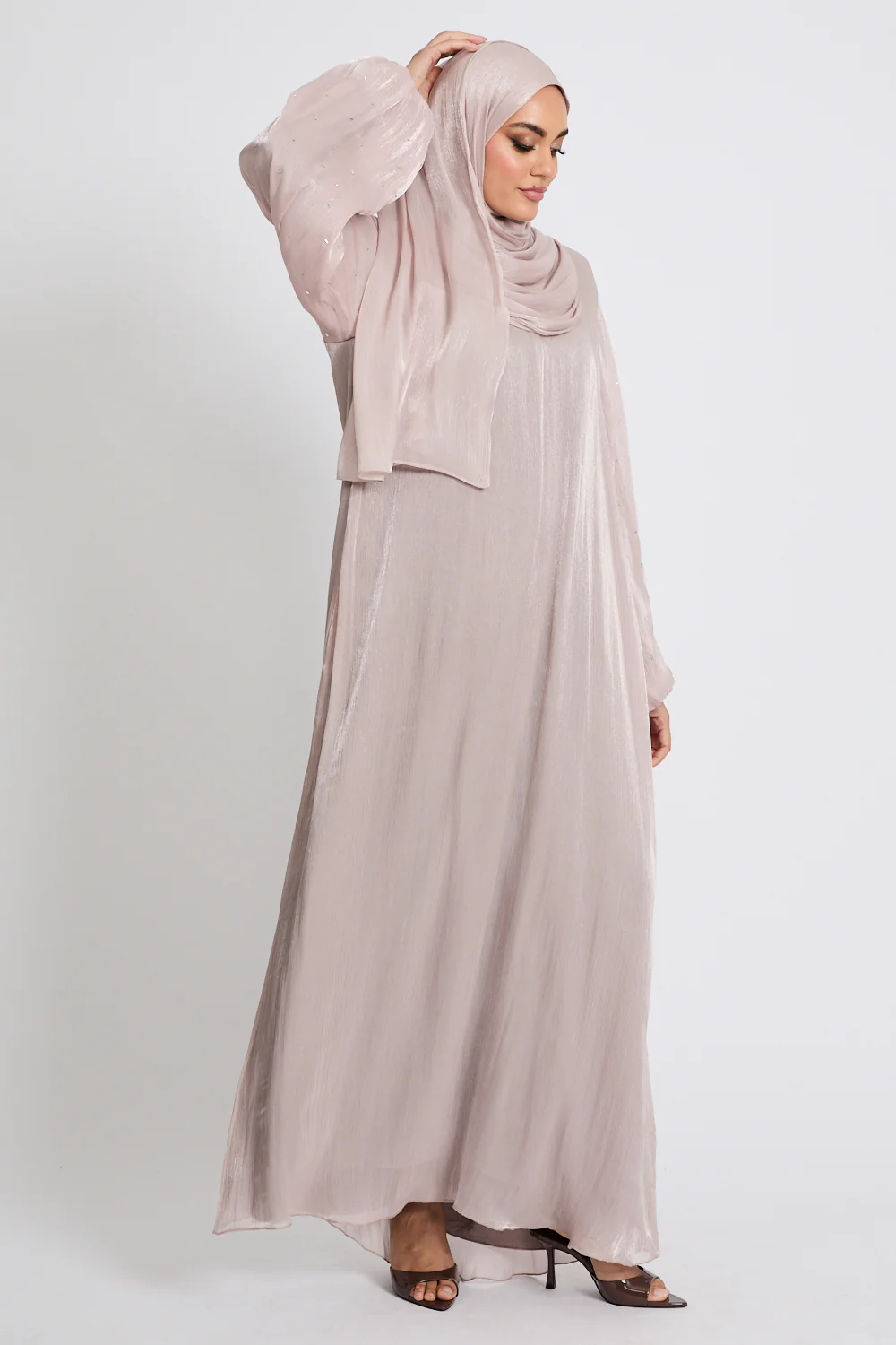 Premium Organza Frost Dainty Embellished Closed Abaya - Rose Dust - Image 4