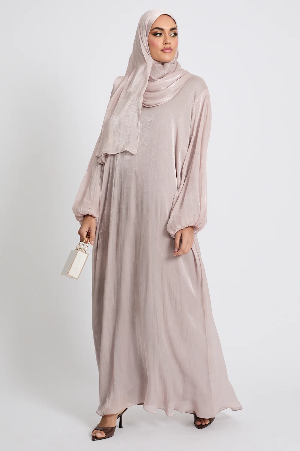 Premium Organza Frost Dainty Embellished Closed Abaya - Rose Dust - Image 5