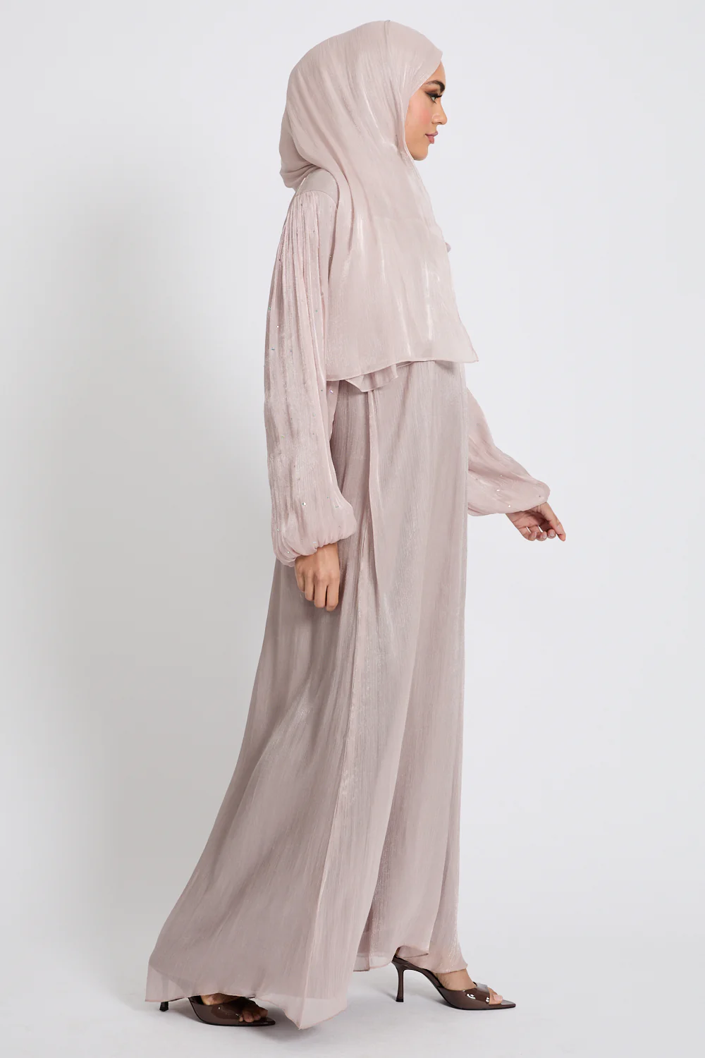 Premium Organza Frost Dainty Embellished Closed Abaya - Rose Dust - Image 6