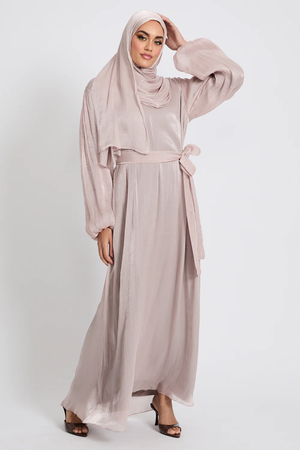 Premium Organza Frost Dainty Embellished Closed Abaya - Rose Dust - Image 7