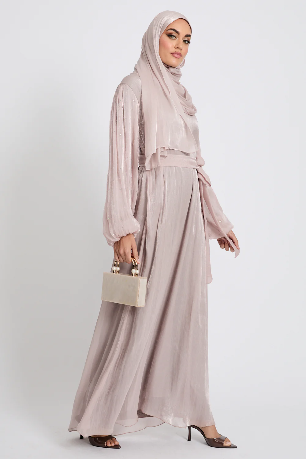 Premium Organza Frost Dainty Embellished Closed Abaya - Rose Dust - Image 9