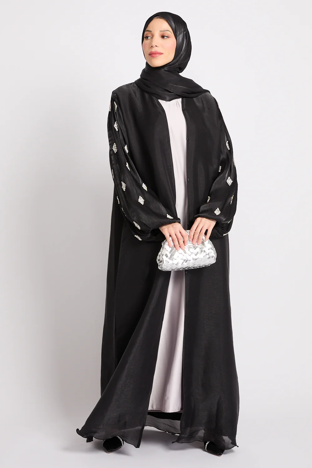 Premium Organza Starfall Embellished Open Abaya – Black - Image 5