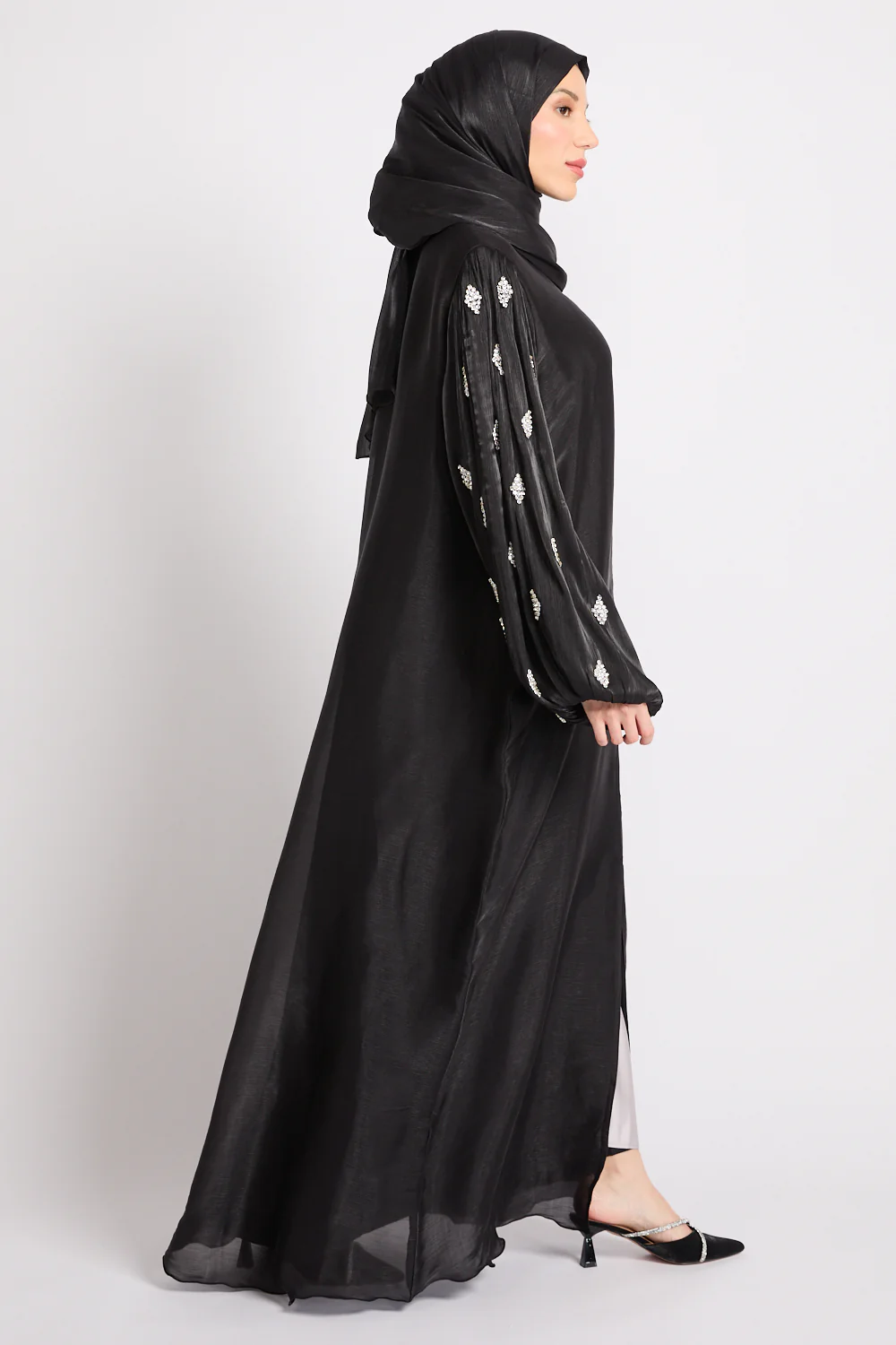 Premium Organza Starfall Embellished Open Abaya – Black - Image 8