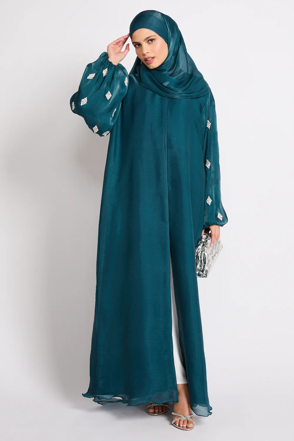 Premium Organza Starfall Embellished Open Abaya – Emerald Teal