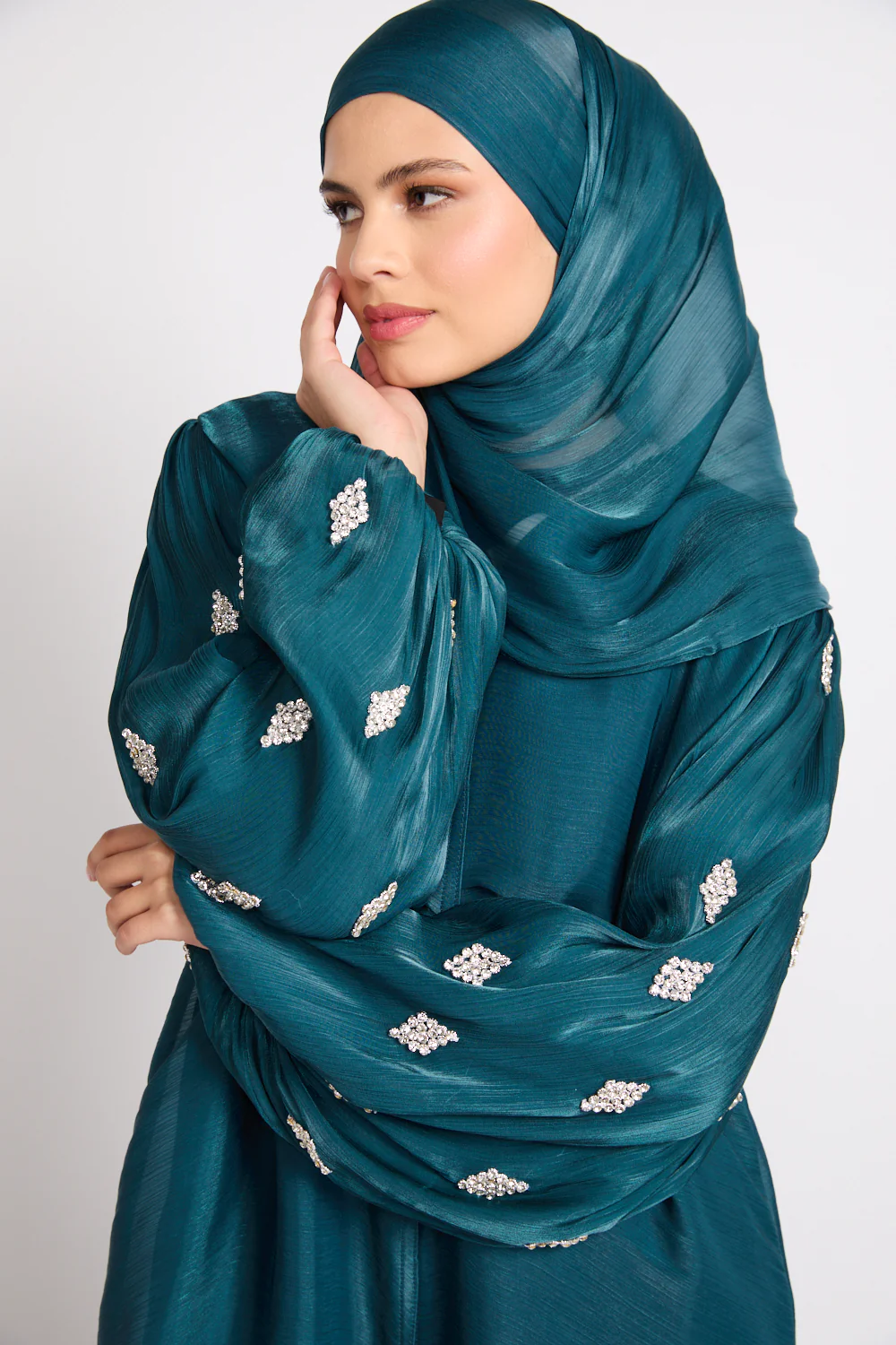 Premium Organza Starfall Embellished Open Abaya – Emerald Teal - Image 2