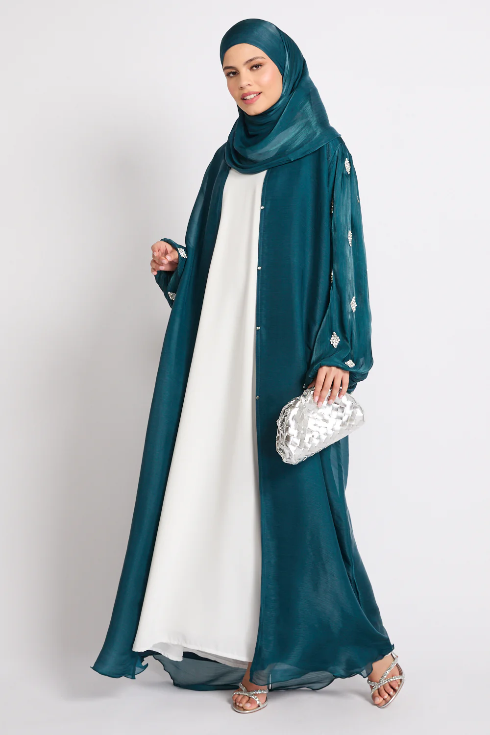 Premium Organza Starfall Embellished Open Abaya – Emerald Teal - Image 3