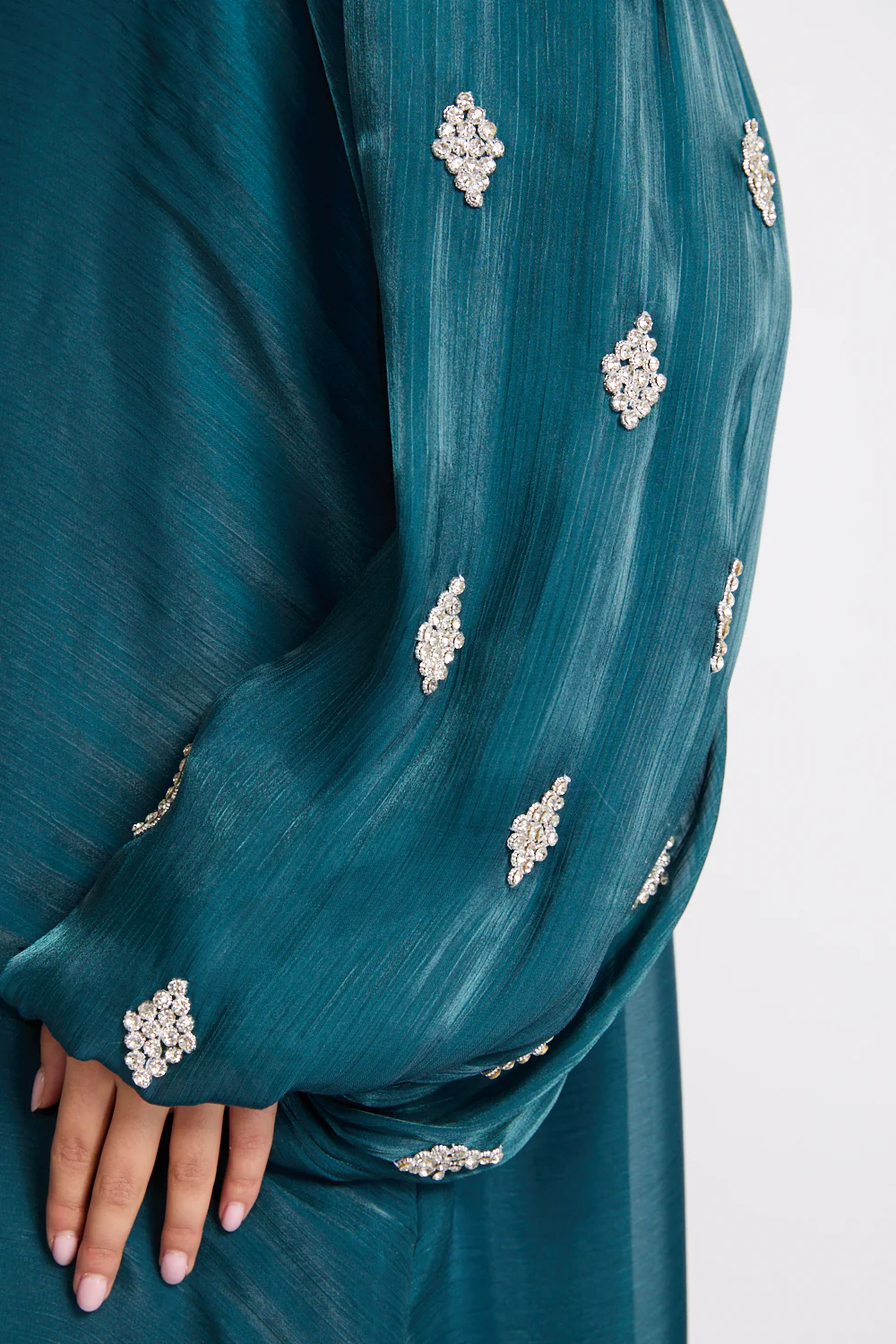 Premium Organza Starfall Embellished Open Abaya – Emerald Teal - Image 4