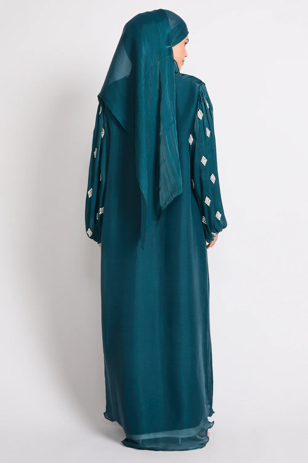 Premium Organza Starfall Embellished Open Abaya – Emerald Teal - Image 5