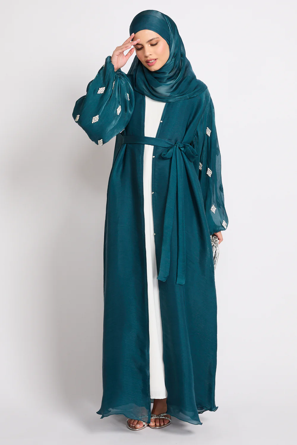 Premium Organza Starfall Embellished Open Abaya – Emerald Teal - Image 6