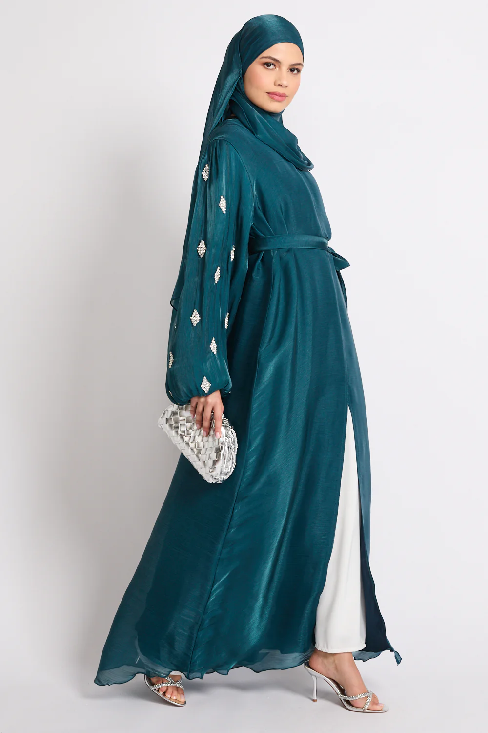 Premium Organza Starfall Embellished Open Abaya – Emerald Teal - Image 7