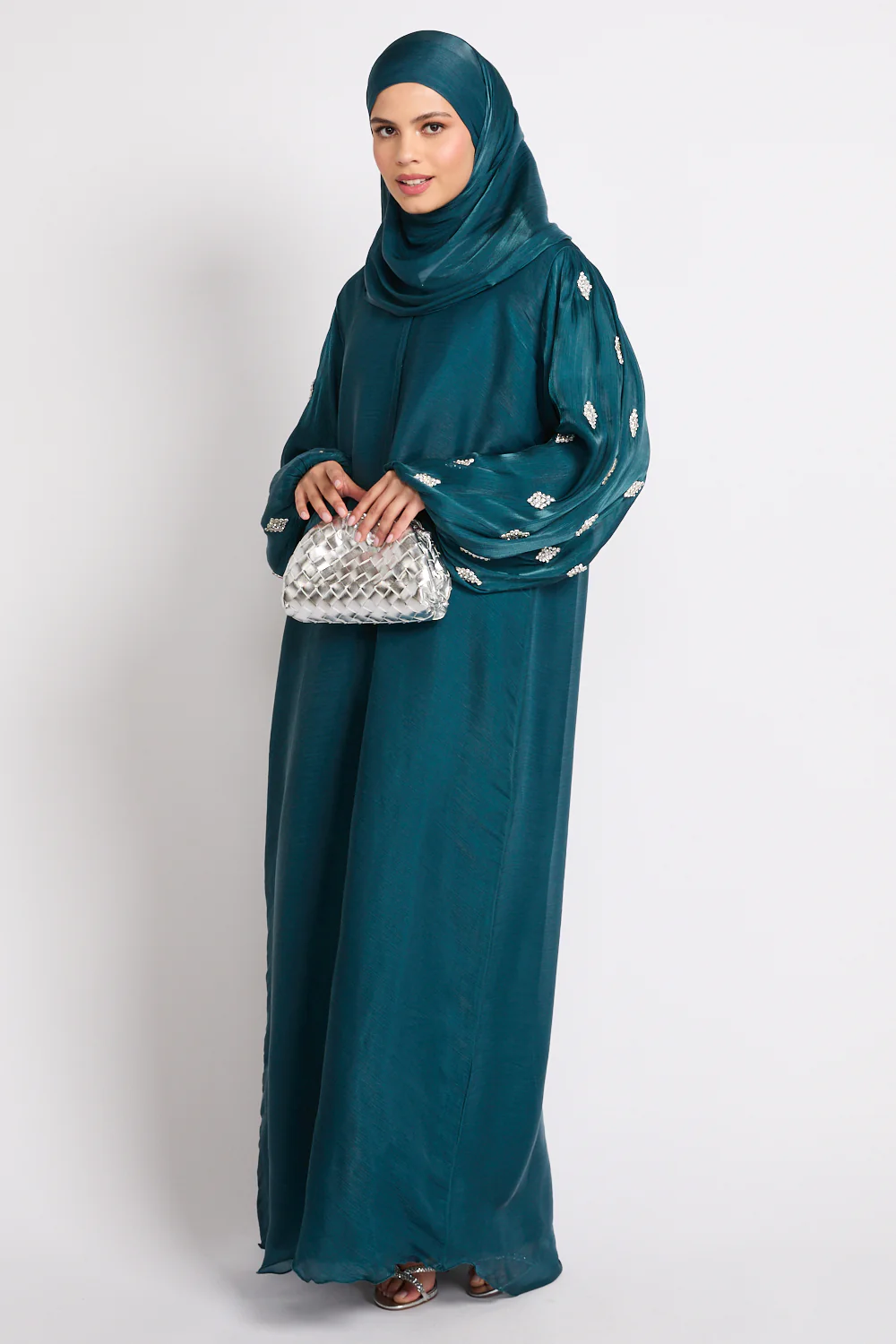 Premium Organza Starfall Embellished Open Abaya – Emerald Teal - Image 8