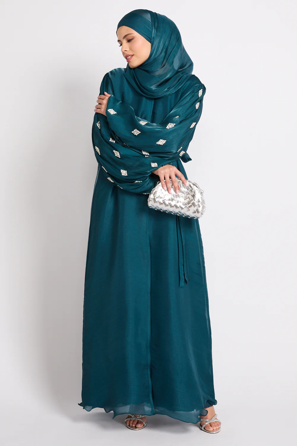 Premium Organza Starfall Embellished Open Abaya – Emerald Teal - Image 9
