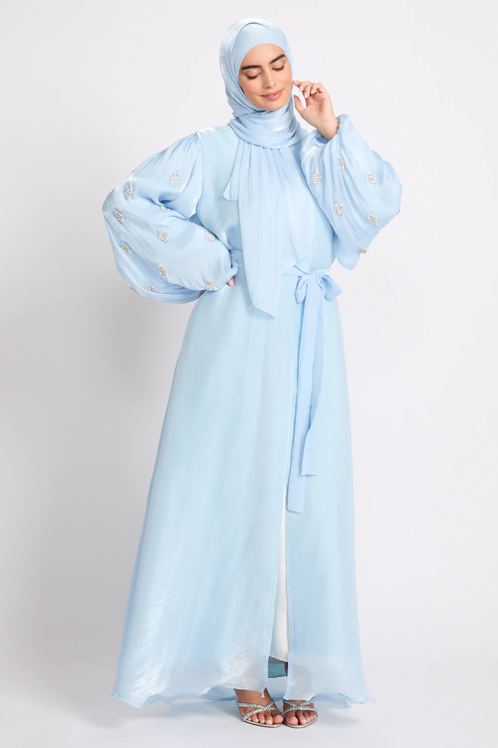 Premium Organza Starfall Embellished Open Abaya – Moonlit Blue