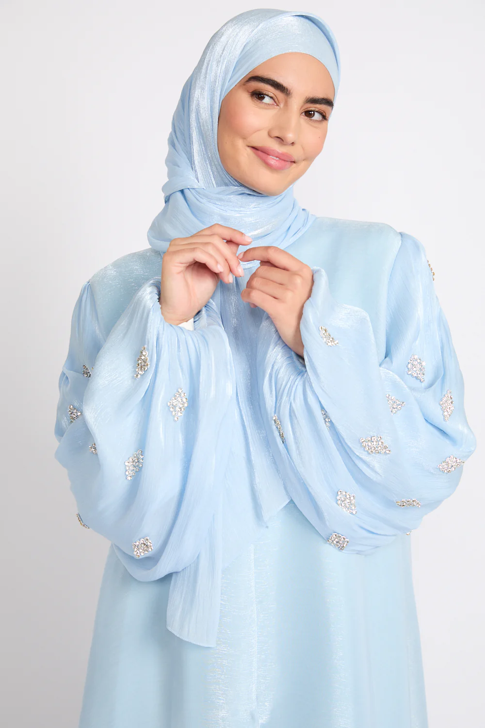 Premium Organza Starfall Embellished Open Abaya – Moonlit Blue - Image 2