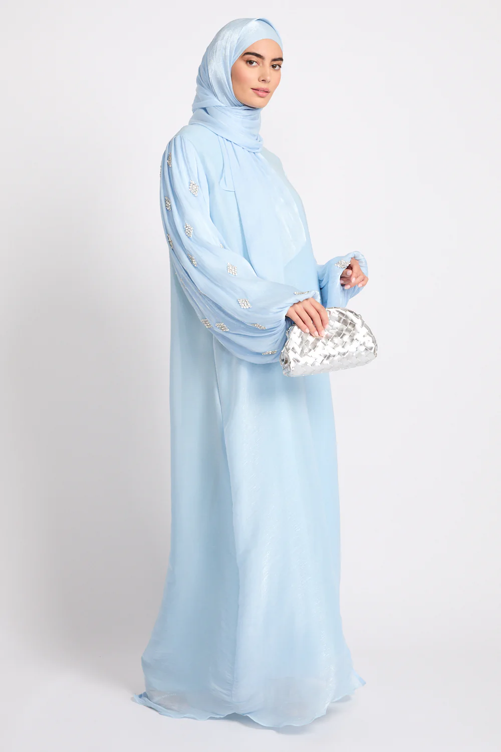 Premium Organza Starfall Embellished Open Abaya – Moonlit Blue - Image 3