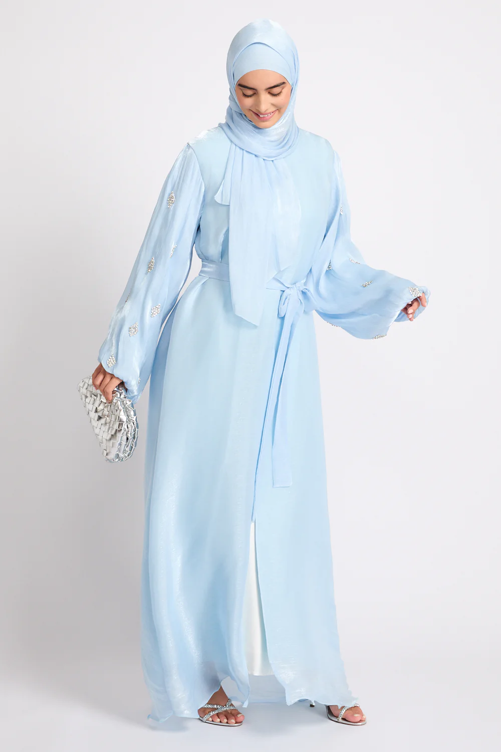 Premium Organza Starfall Embellished Open Abaya – Moonlit Blue - Image 5