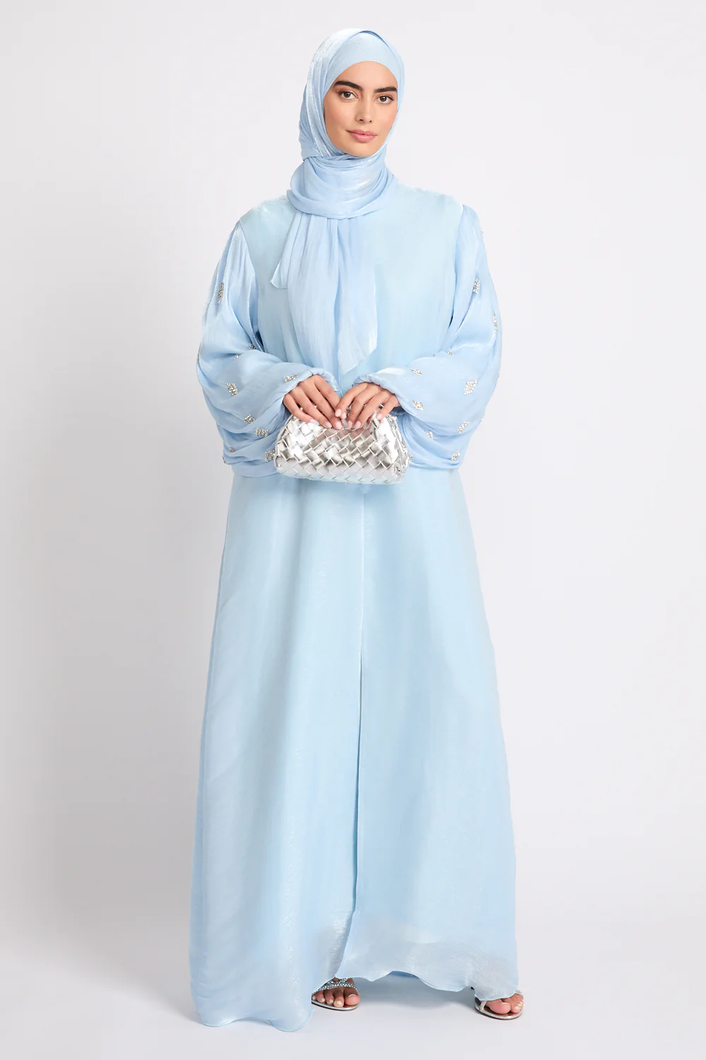 Premium Organza Starfall Embellished Open Abaya – Moonlit Blue - Image 6