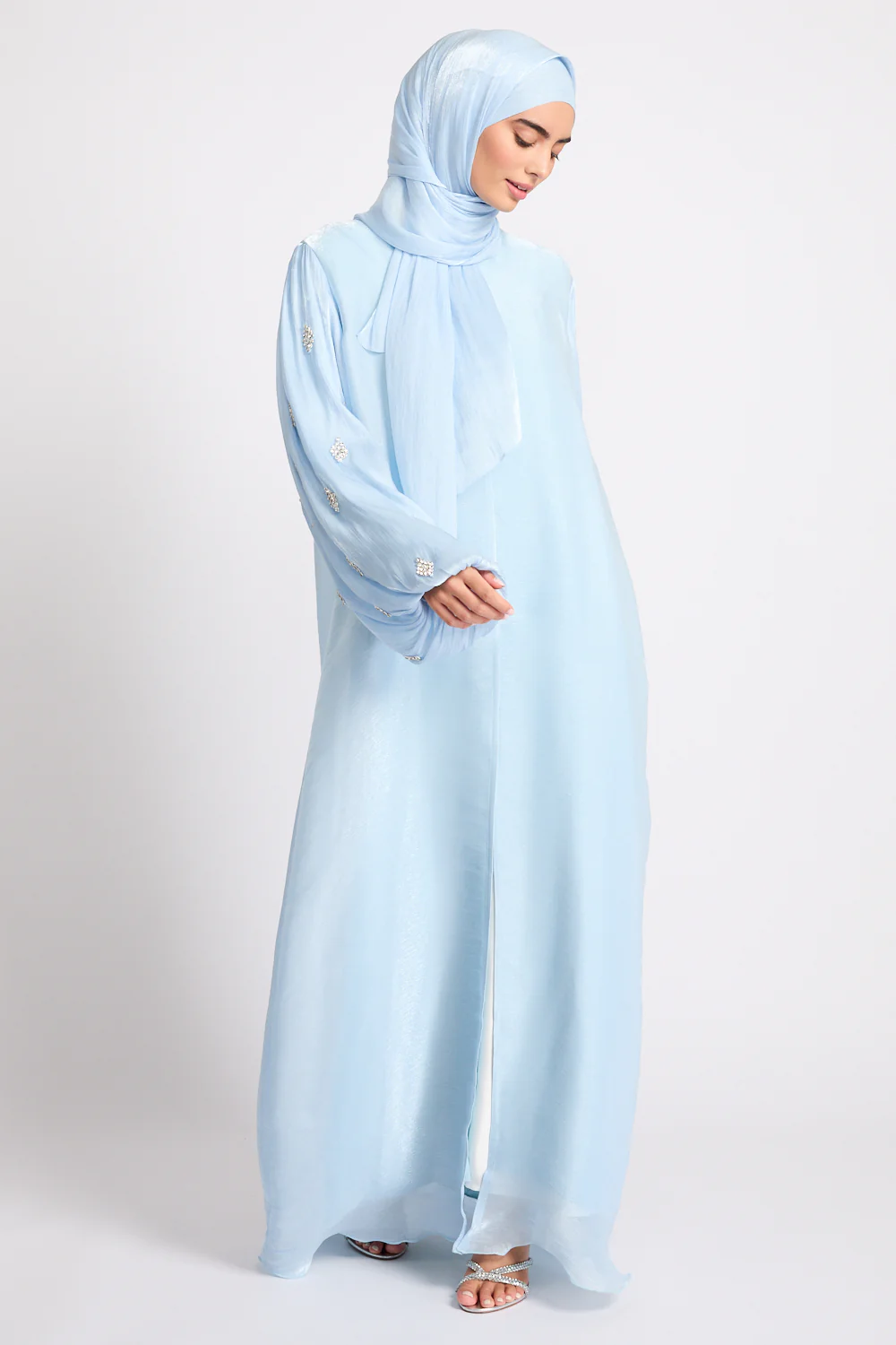 Premium Organza Starfall Embellished Open Abaya – Moonlit Blue - Image 7