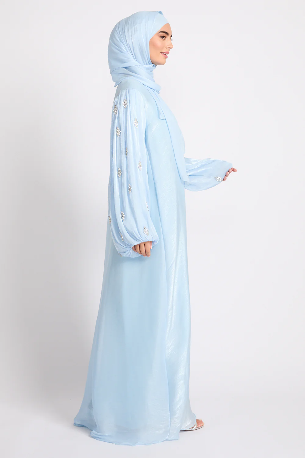 Premium Organza Starfall Embellished Open Abaya – Moonlit Blue - Image 8