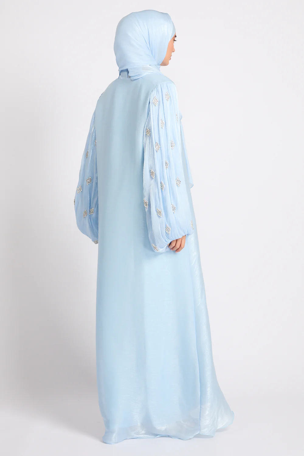 Premium Organza Starfall Embellished Open Abaya – Moonlit Blue - Image 9