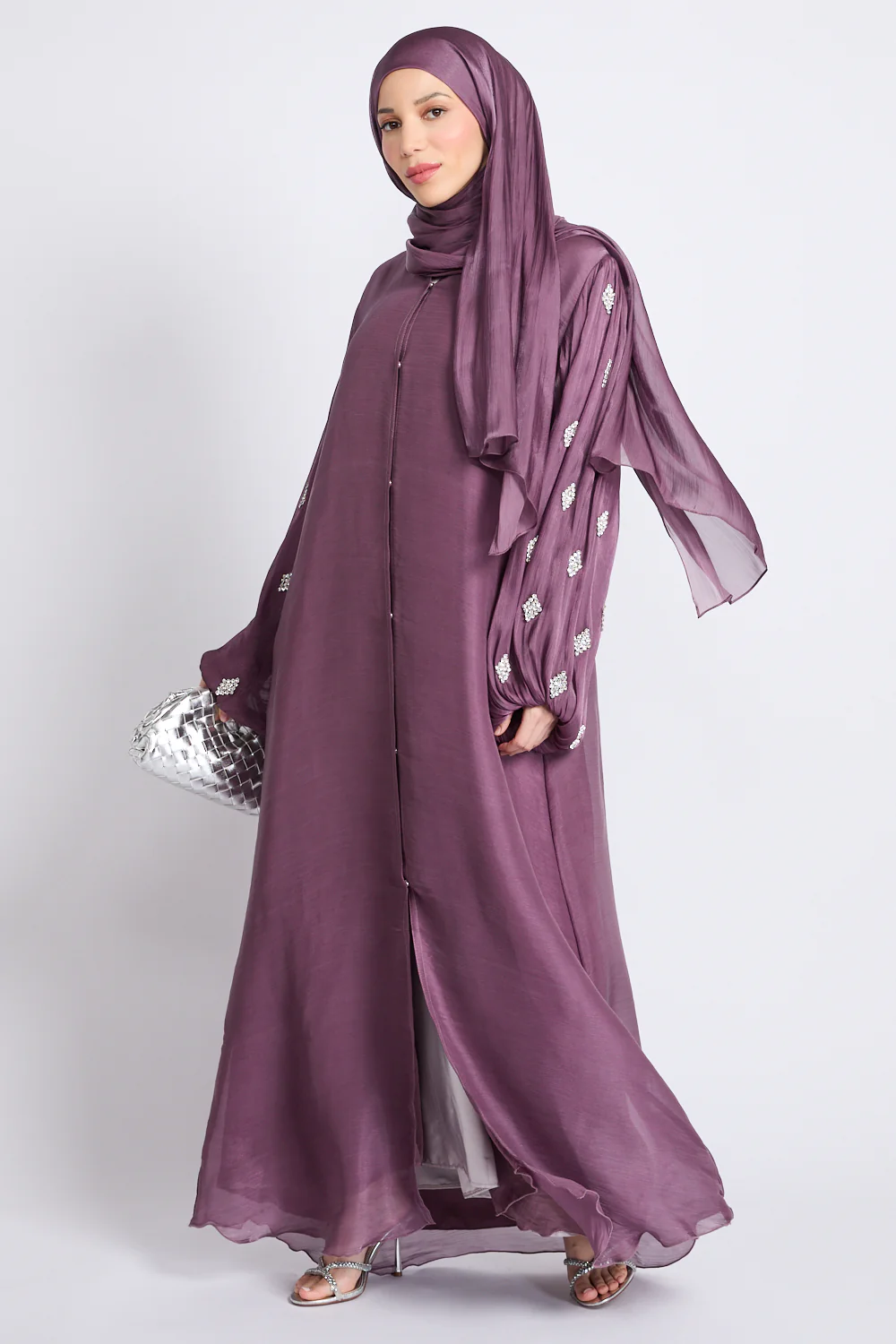 Premium Organza Starfall Embellished Open Abaya – Mulberry Dusk