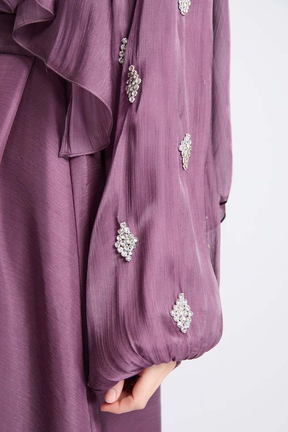Premium Organza Starfall Embellished Open Abaya – Mulberry Dusk - Image 4