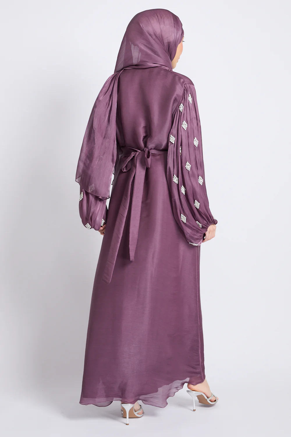 Premium Organza Starfall Embellished Open Abaya – Mulberry Dusk - Image 5